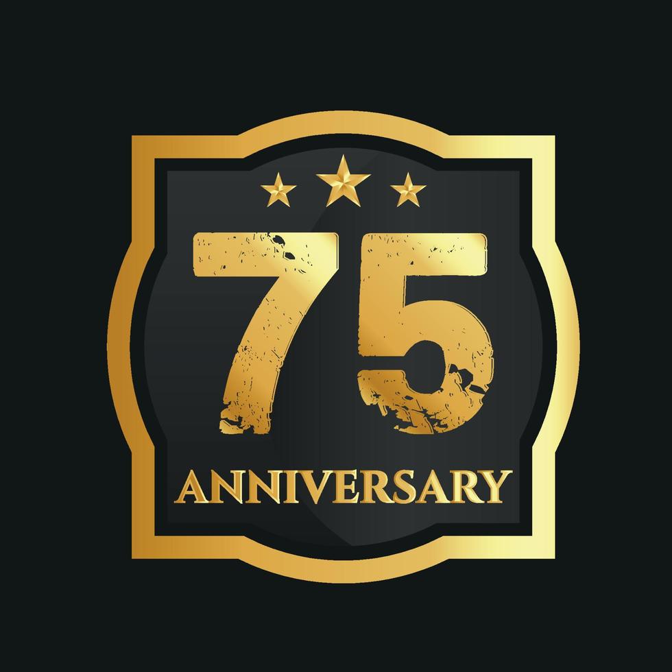 Celebrating 75th years anniversary with golden border and stars on dark background, vector design.