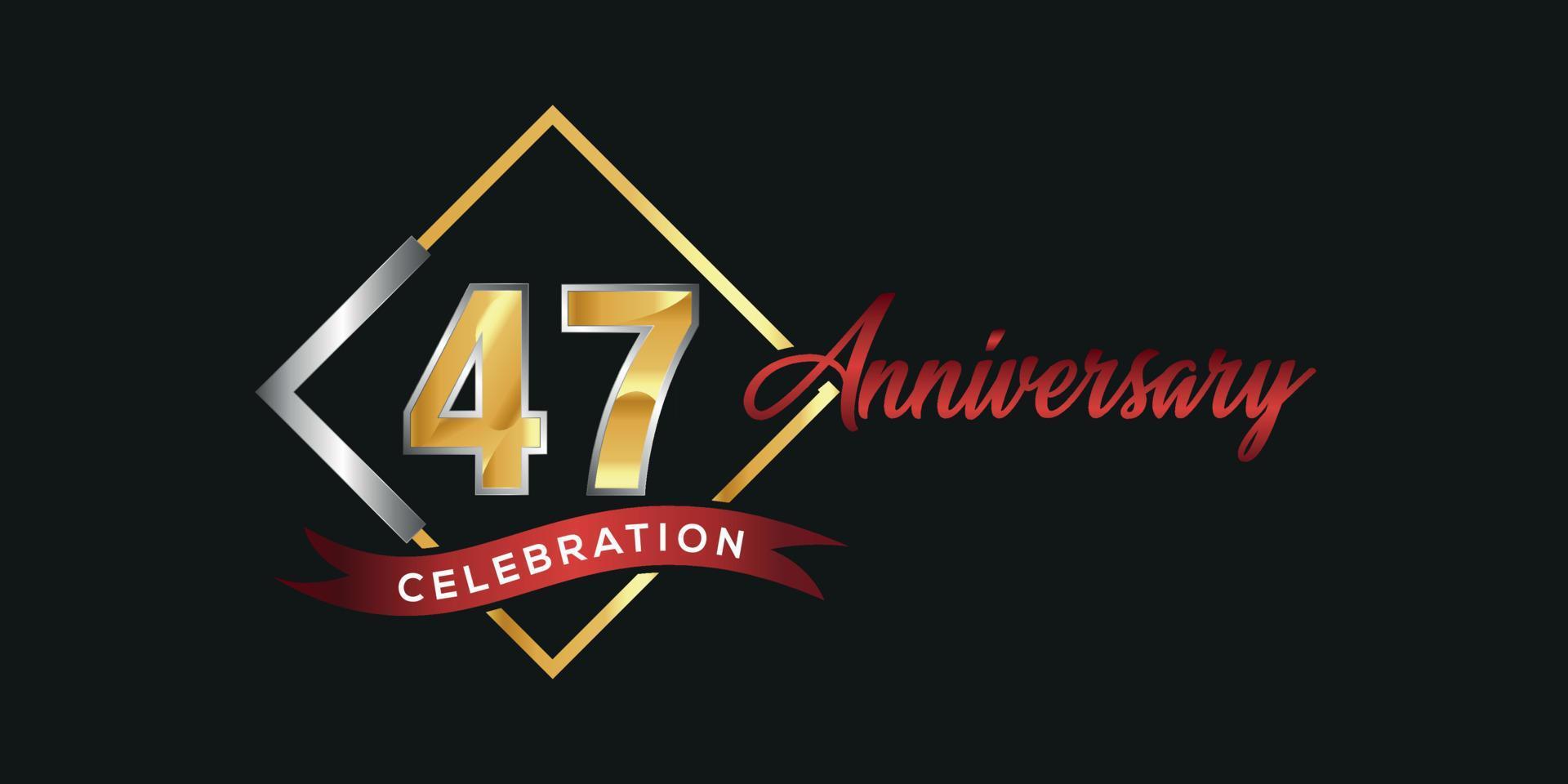 Logotipo del 47.º aniversario con caja dorada y plateada, confeti y cinta roja aislada en un elegante fondo negro, diseño vectorial para tarjetas de felicitación y tarjetas de invitación vector