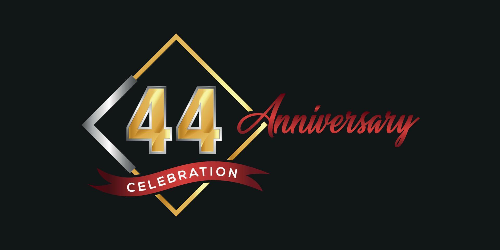 Logotipo del 44.º aniversario con caja dorada y plateada, confeti y cinta roja aislada en un elegante fondo negro, diseño vectorial para tarjetas de felicitación y tarjetas de invitación vector