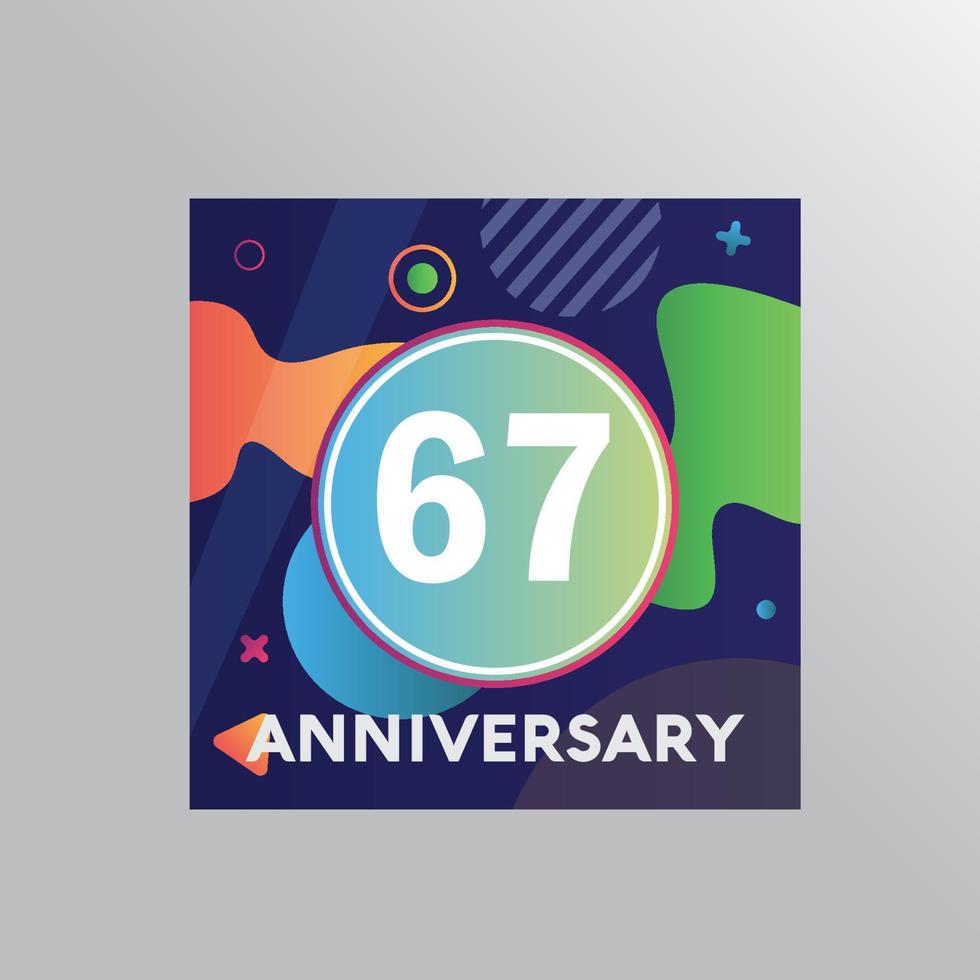 Logotipo de aniversario de 67 años, celebración de cumpleaños de diseño vectorial con fondo colorido y forma abstracta. vector