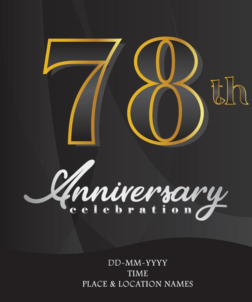 78 Anniversary Invitation and Greeting Card Design, Golden and Silver Coloured, Elegant Design, Isolated on Black Background. Vector illustration.