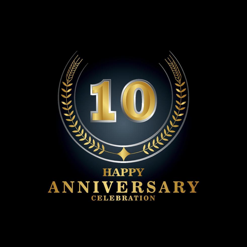 Template emblem 10th years old luxurious anniversary with a frame in the form of laurel branches and the number . anniversary royal logo. Vector illustration Design