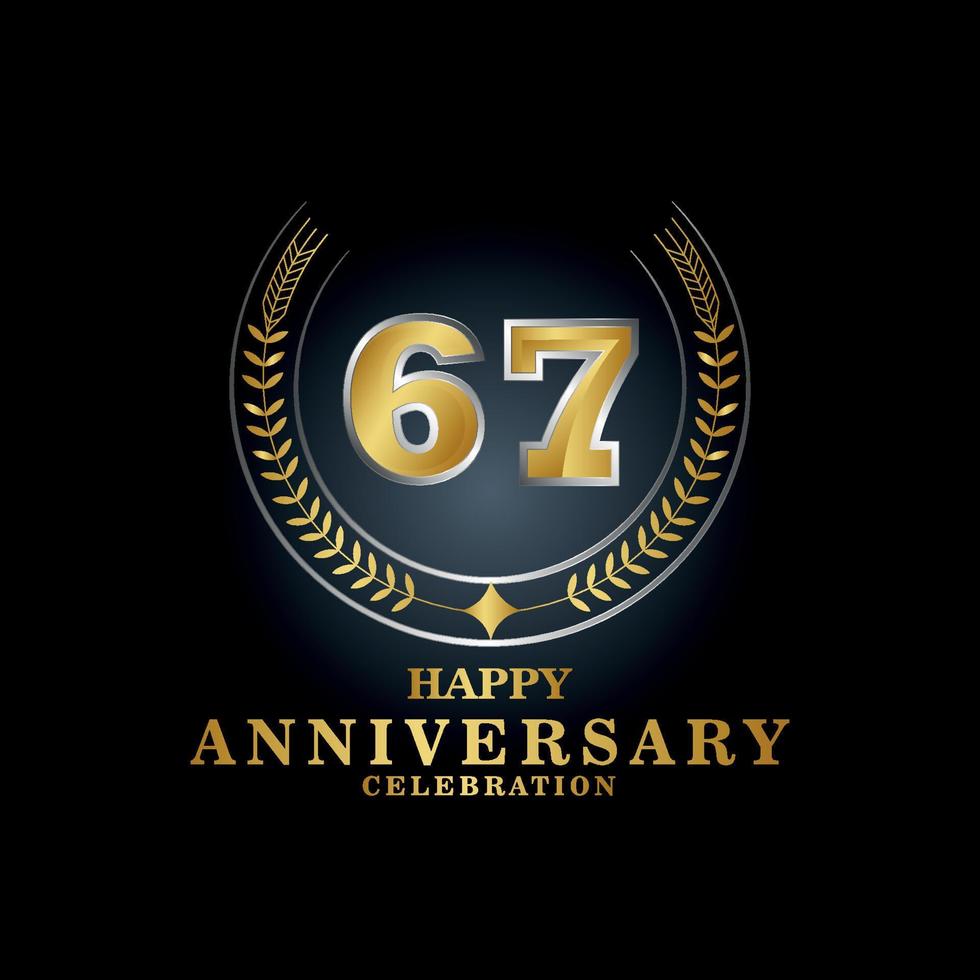 Template emblem 67th years old luxurious anniversary with a frame in the form of laurel branches and the number . anniversary royal logo. Vector illustration Design