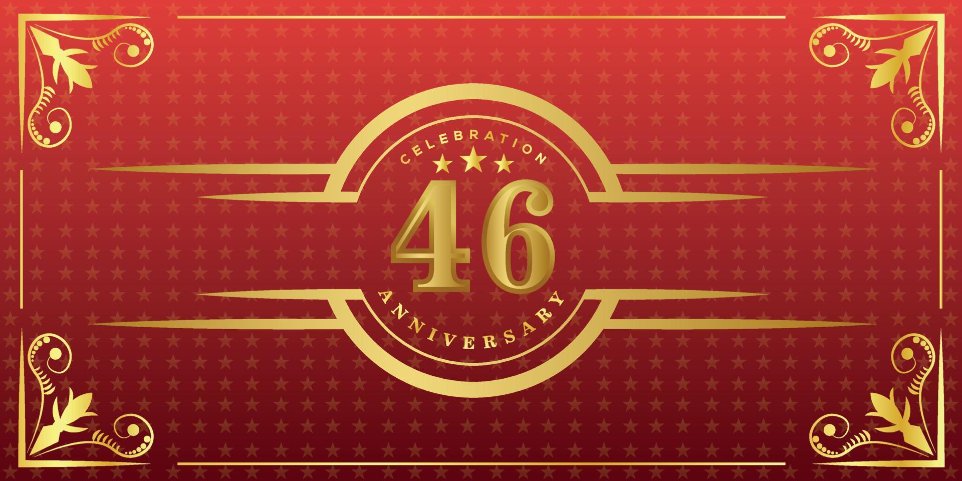 46th anniversary logo with golden ring, confetti and gold border isolated on elegant red background, sparkle, vector design for greeting card and invitation card