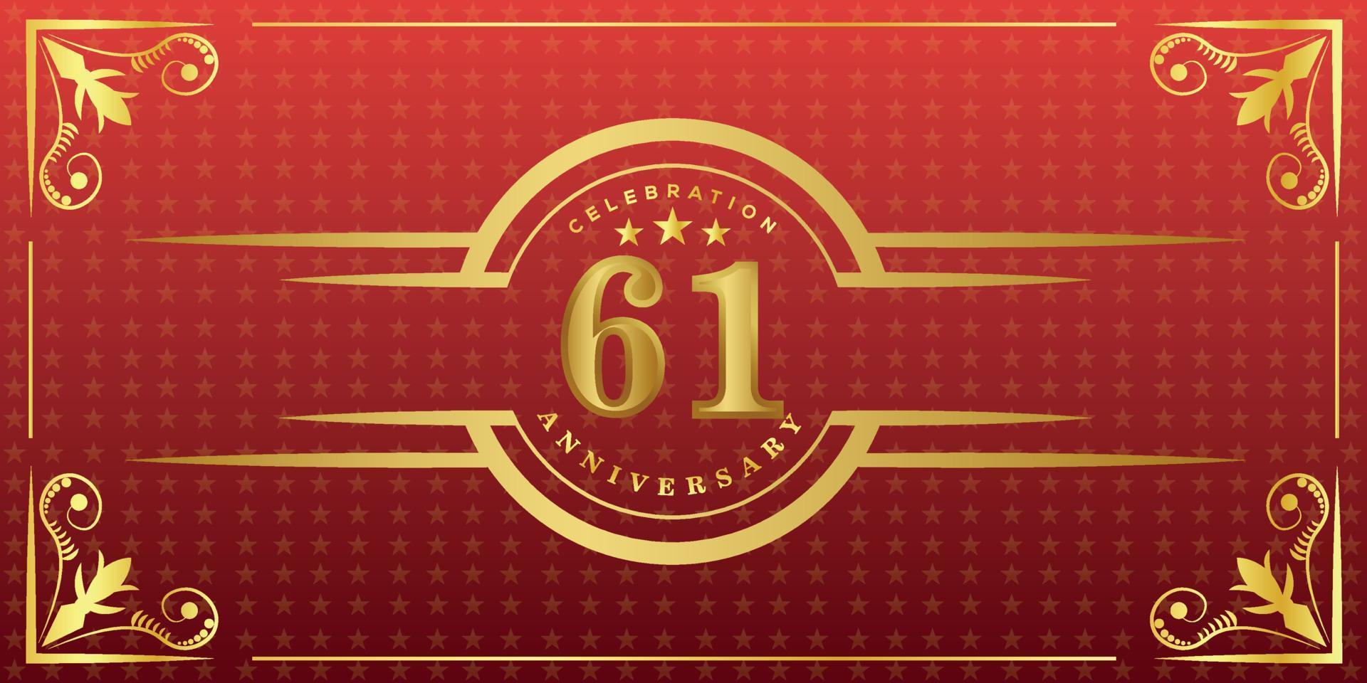 61th anniversary logo with golden ring, confetti and gold border isolated on elegant red background, sparkle, vector design for greeting card and invitation card