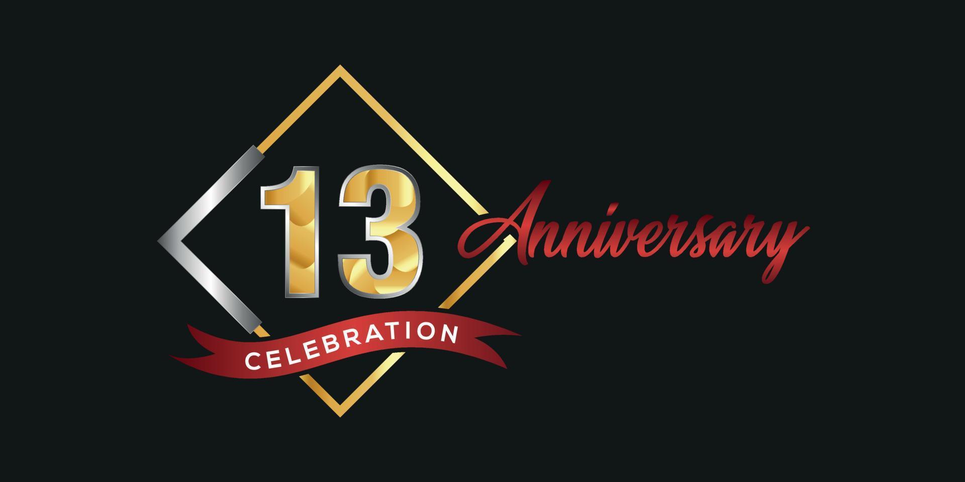 Logotipo del 13º aniversario con caja dorada y plateada, confeti y cinta roja aislada en un elegante fondo negro, diseño vectorial para tarjetas de felicitación y tarjetas de invitación vector