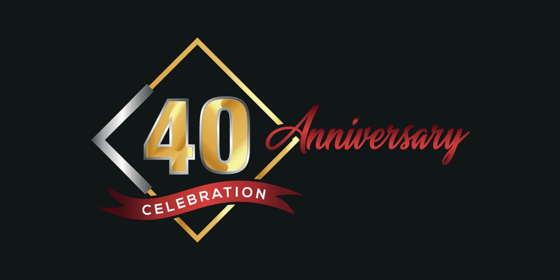 40th anniversary logo with golden and silver box, confetti and red ribbon isolated on elegant black background, vector design for greeting card and invitation card