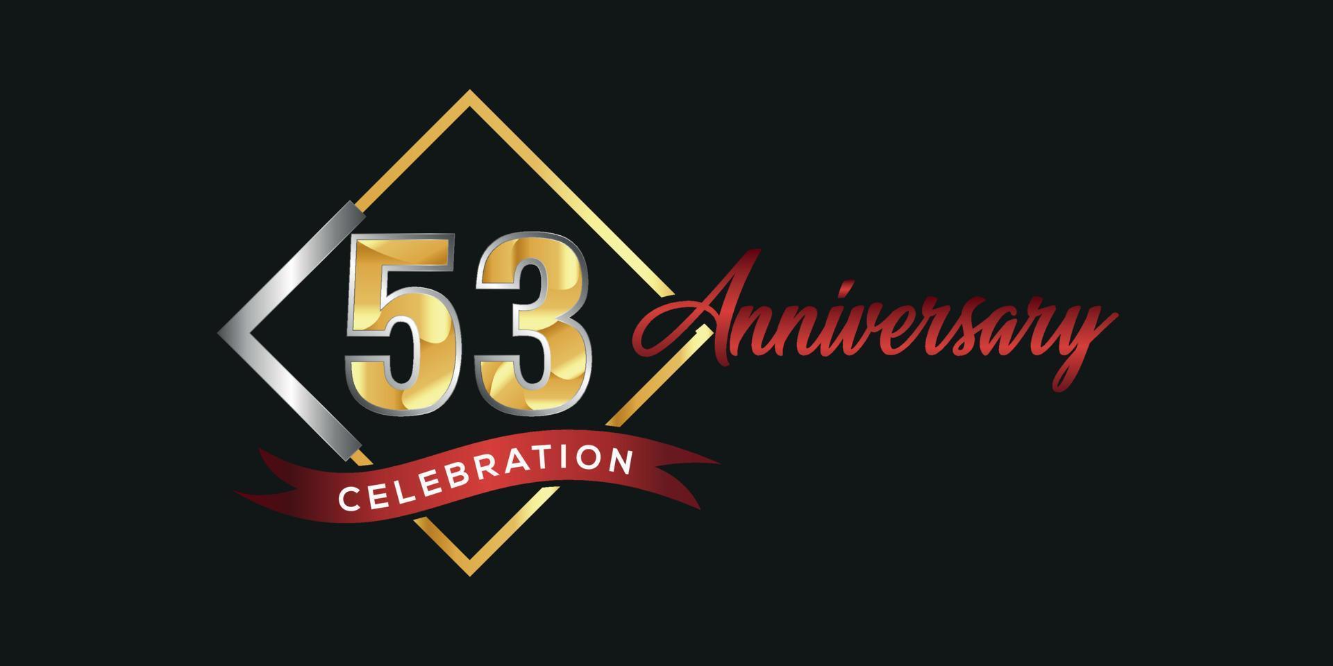 53rd anniversary logo with golden and silver box, confetti and red ribbon isolated on elegant black background, vector design for greeting card and invitation card