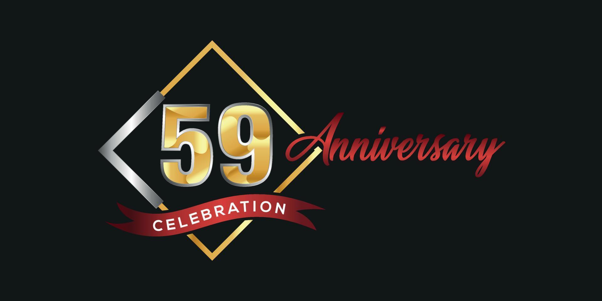 Logotipo del 59 aniversario con caja dorada y plateada, confeti y cinta roja aislada en un elegante fondo negro, diseño vectorial para tarjetas de felicitación y tarjetas de invitación vector