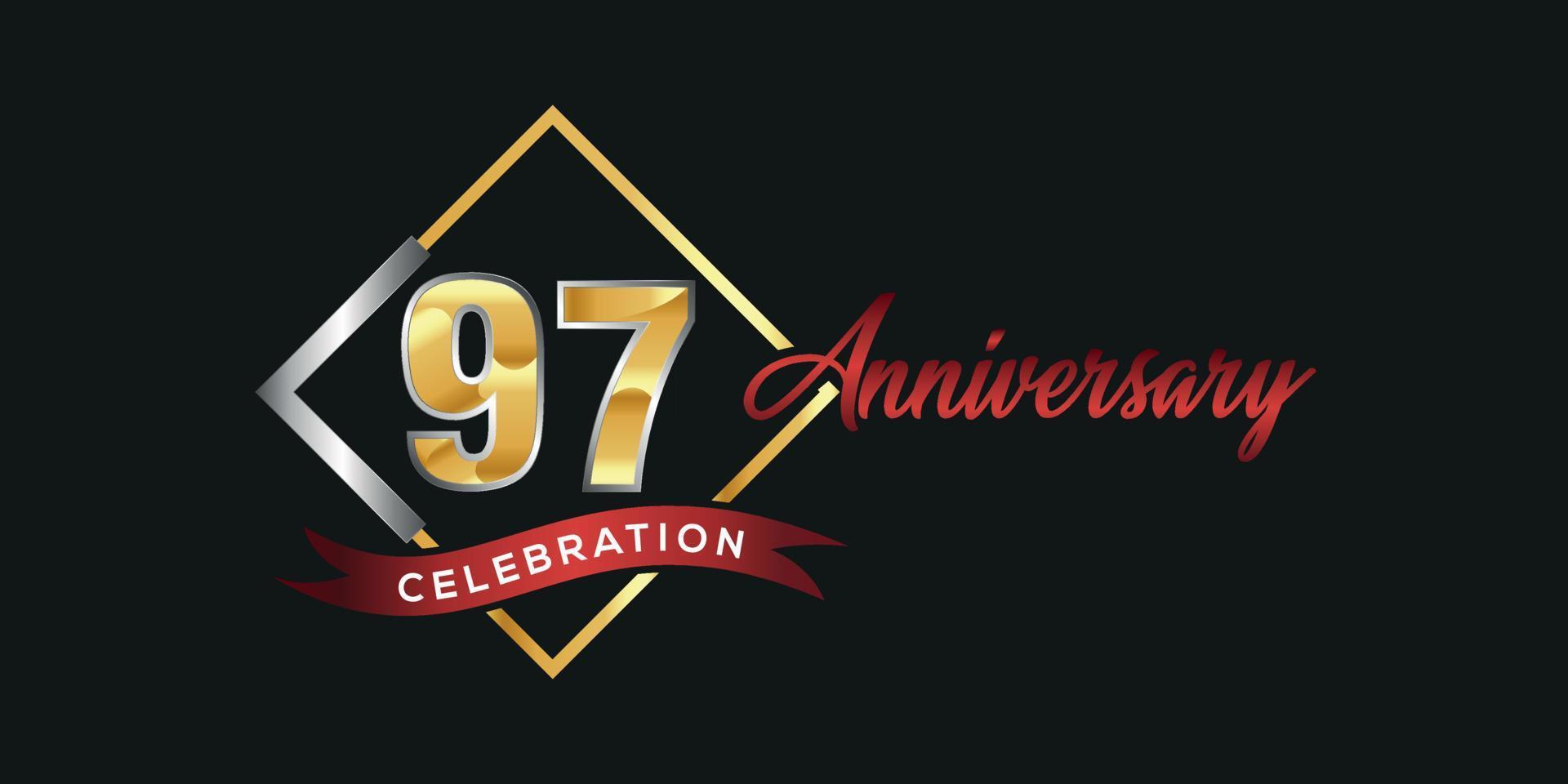 97th anniversary logo with golden and silver box, confetti and red ribbon isolated on elegant black background, vector design for greeting card and invitation card