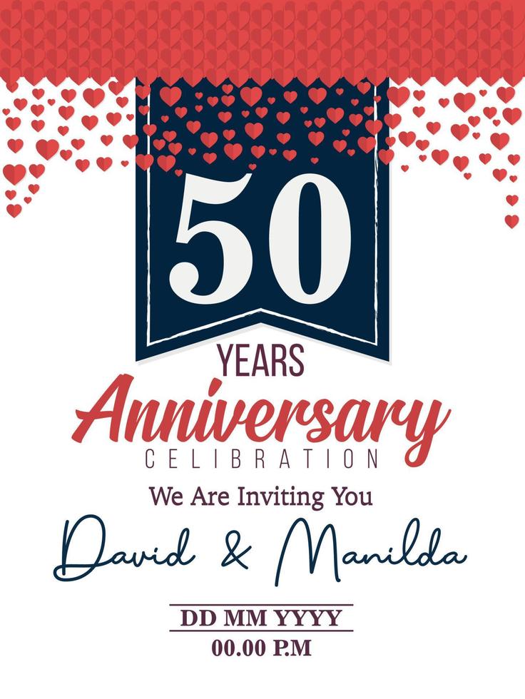 Celebración del logotipo del 50 aniversario con amor por el evento de celebración, cumpleaños, boda, tarjeta de felicitación e invitación vector