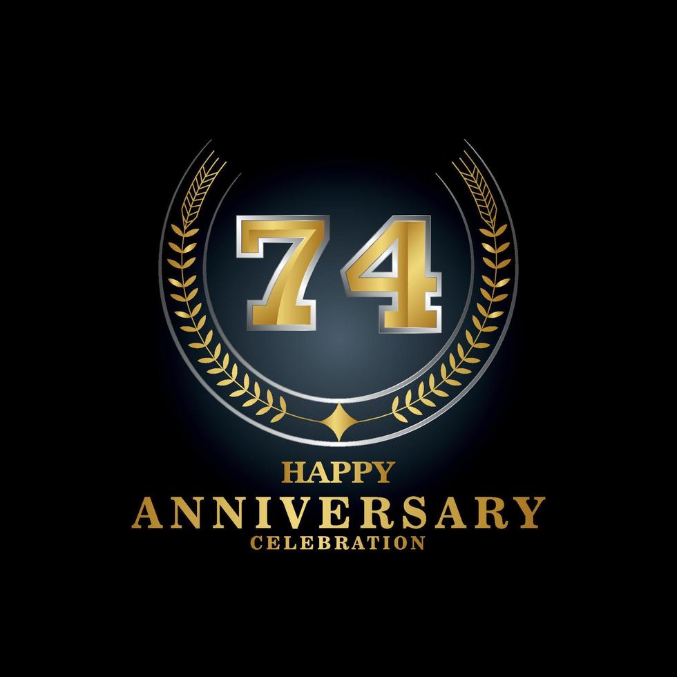 Template emblem 74th years old luxurious anniversary with a frame in the form of laurel branches and the number . anniversary royal logo. Vector illustration Design