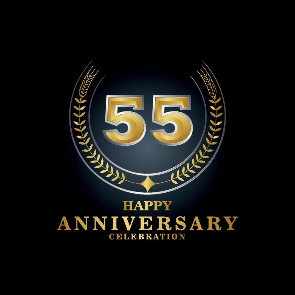 Template emblem 55th years old luxurious anniversary with a frame in the form of laurel branches and the number . anniversary royal logo. Vector illustration Design