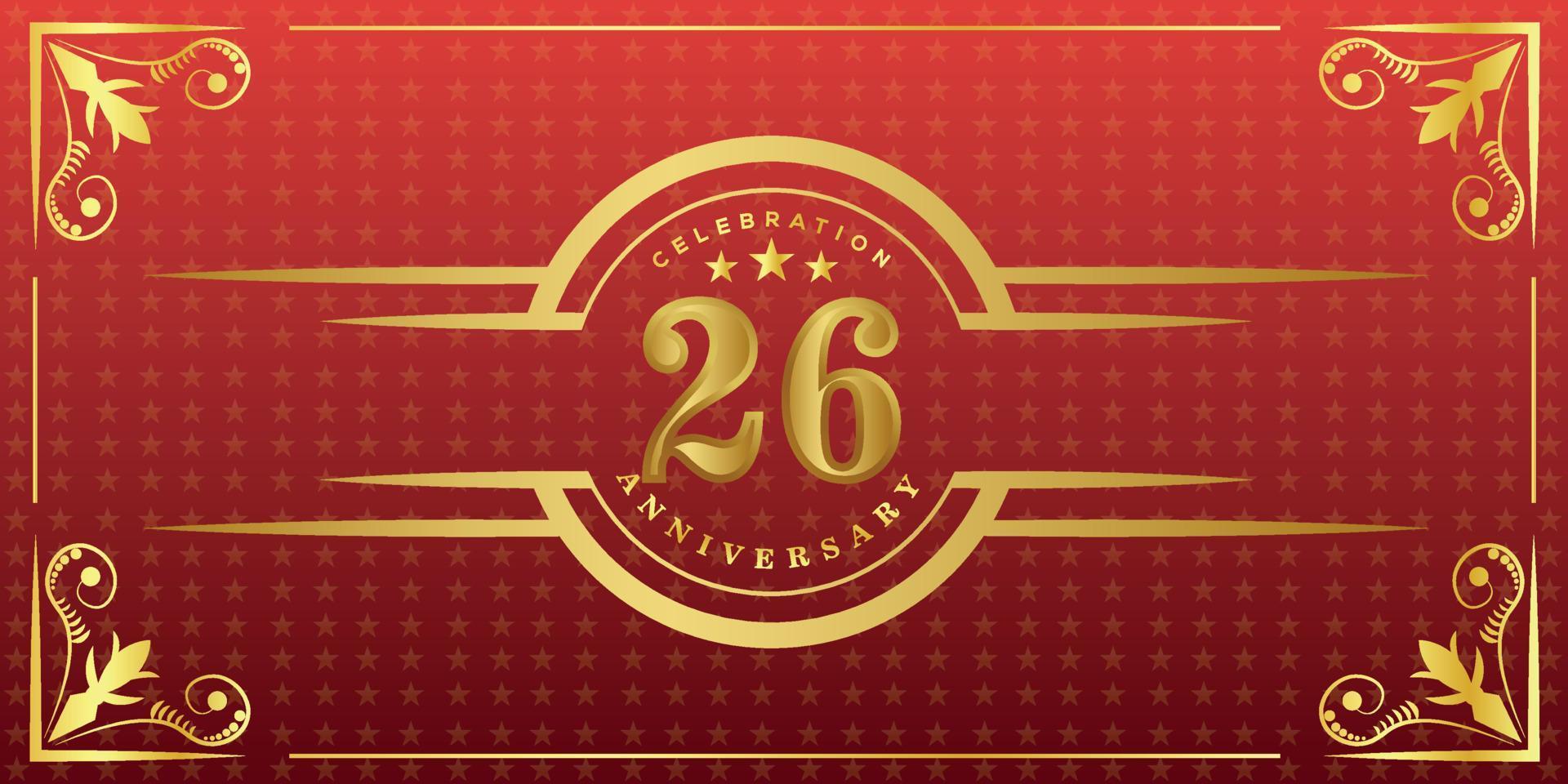 26th anniversary logo with golden ring, confetti and gold border isolated on elegant red background, sparkle, vector design for greeting card and invitation card