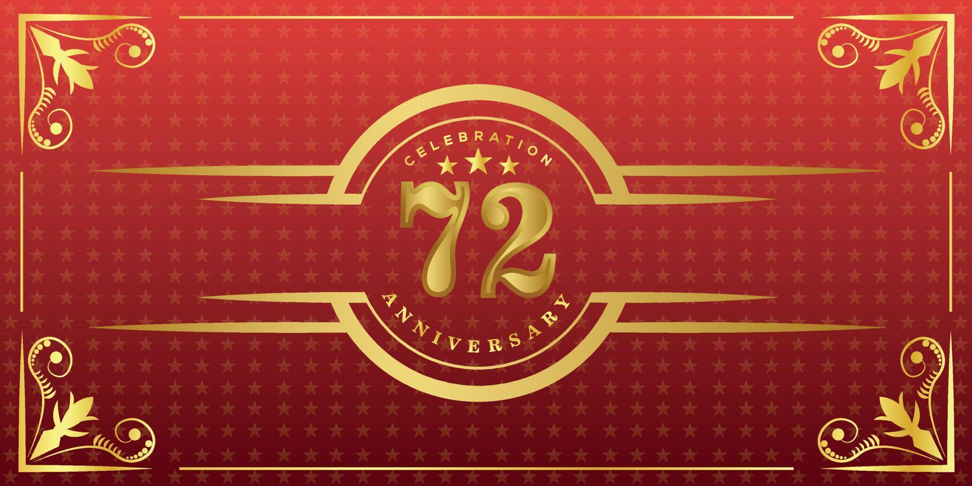 Logotipo del 72º aniversario con anillo dorado, confeti y borde dorado aislado en un elegante fondo rojo, brillo, diseño vectorial para tarjetas de felicitación y tarjetas de invitación vector