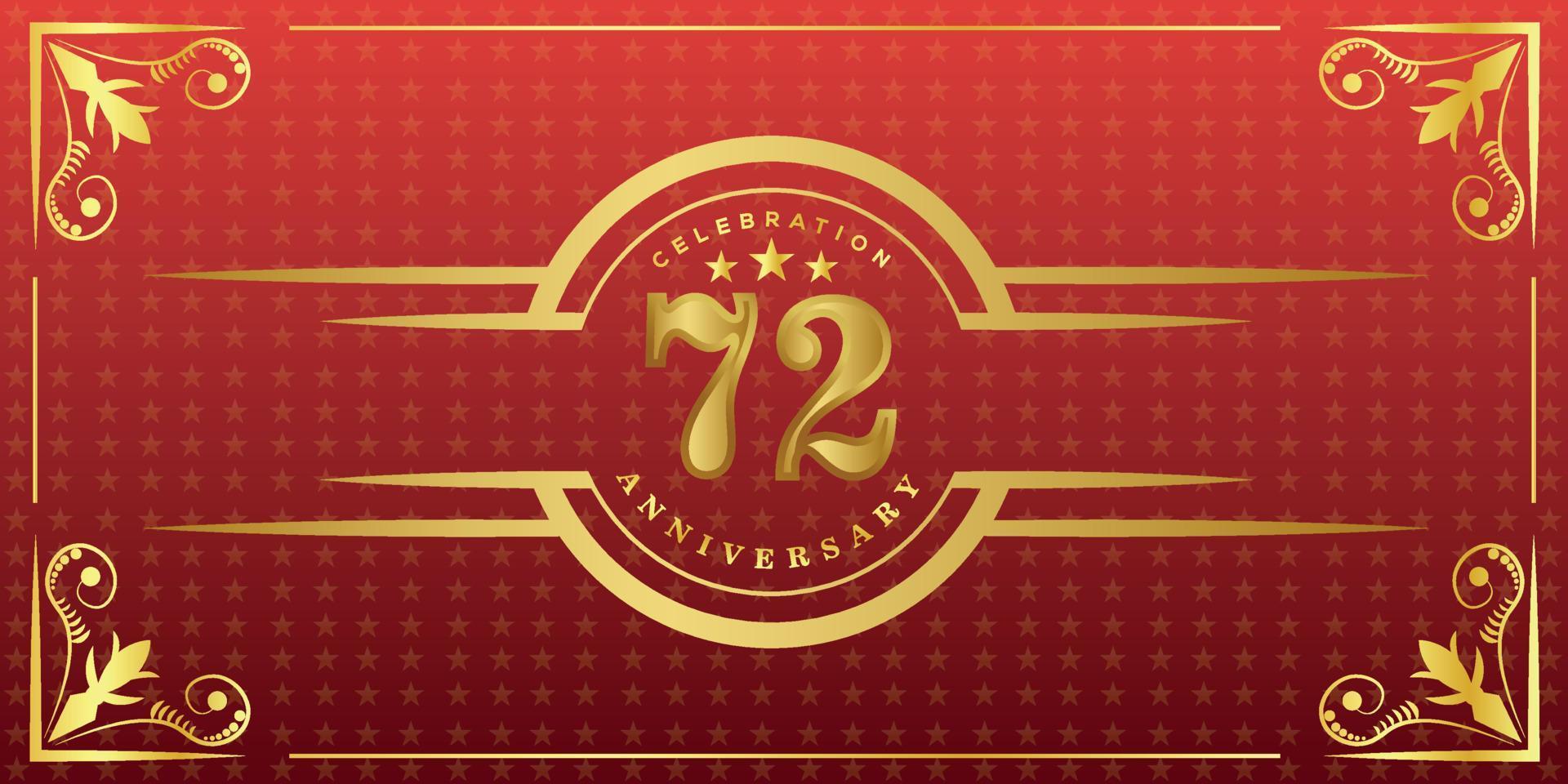 72nd anniversary logo with golden ring, confetti and gold border isolated on elegant red background, sparkle, vector design for greeting card and invitation card
