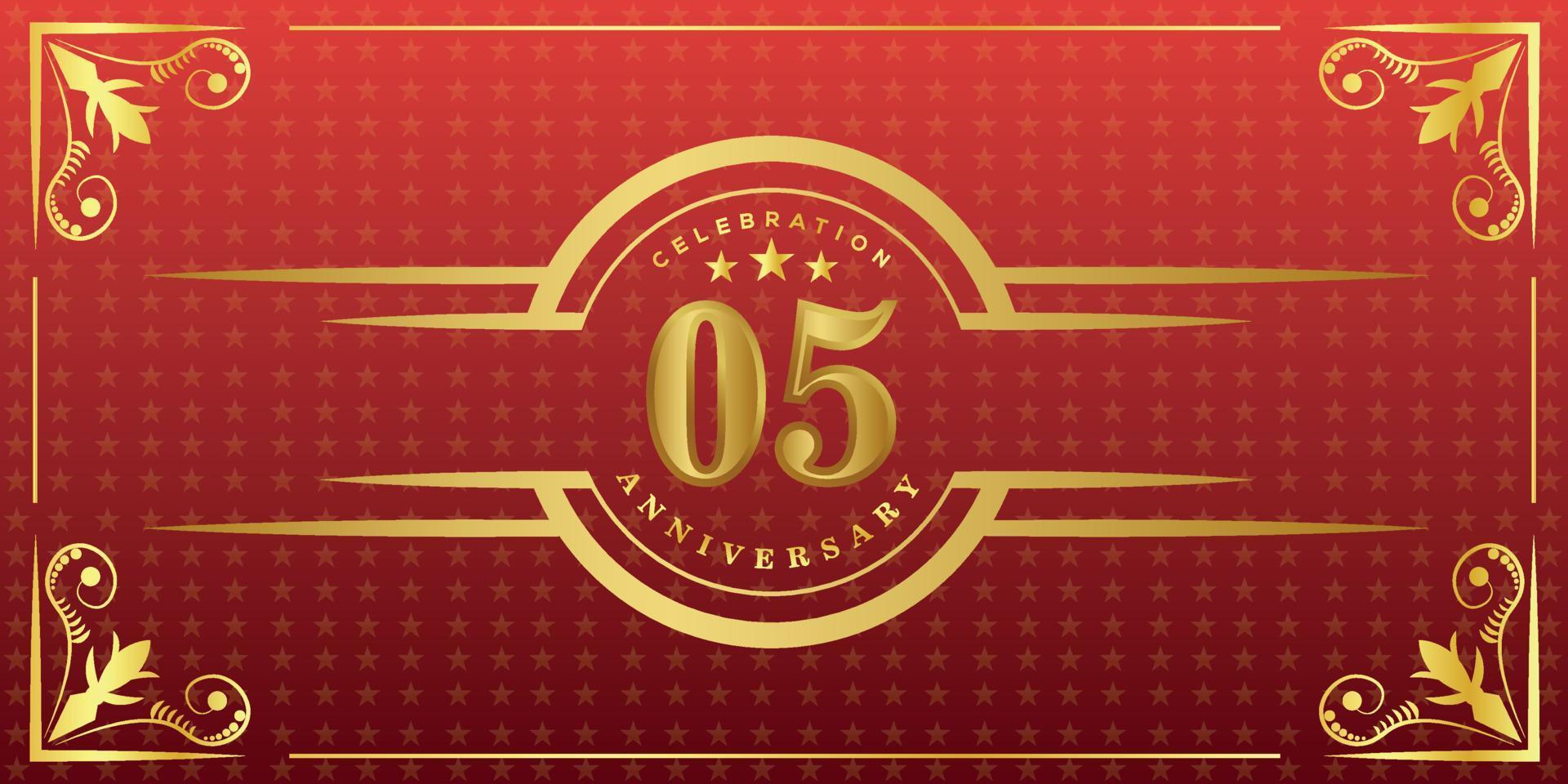 05th anniversary logo with golden ring, confetti and gold border isolated on elegant red background, sparkle, vector design for greeting card and invitation card