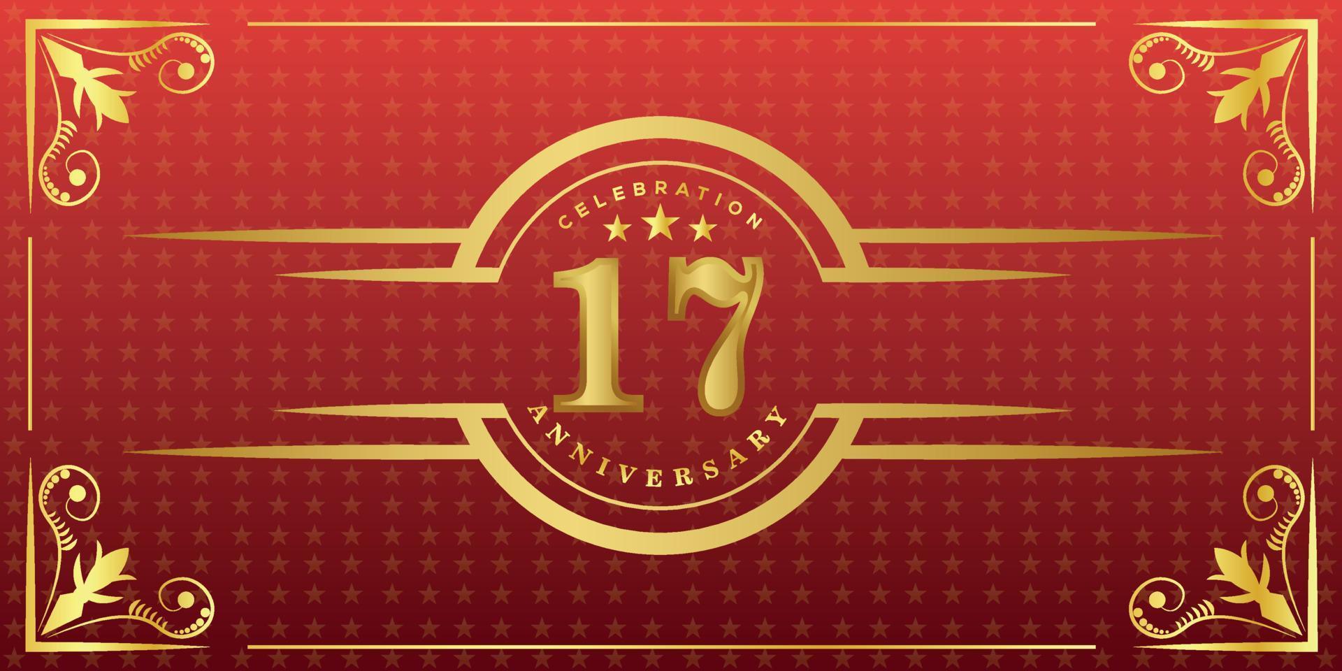 Logotipo del 17º aniversario con anillo dorado, confeti y borde dorado aislado en un elegante fondo rojo, brillo, diseño vectorial para tarjetas de felicitación y tarjetas de invitación vector