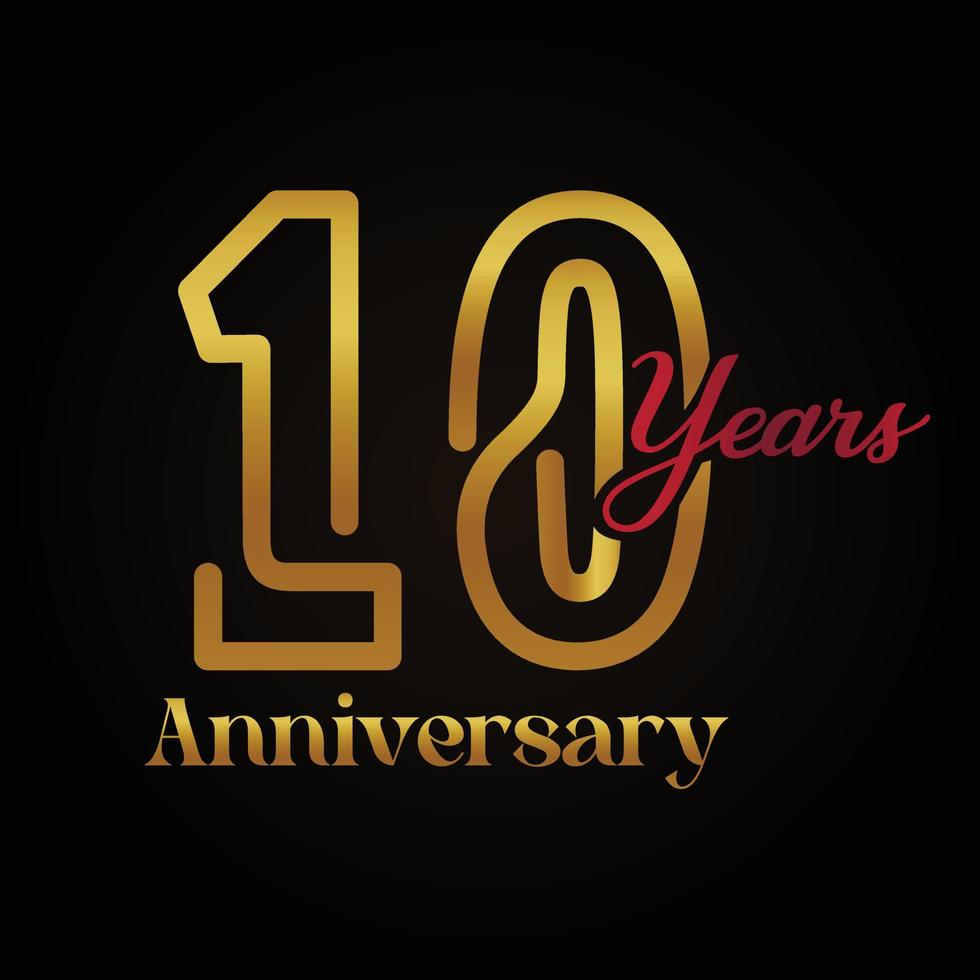 Logotipo de celebración del décimo aniversario con diseño elegante de color dorado y rojo escrito a mano. aniversario vectorial para celebración, tarjeta de invitación y tarjeta de felicitación. vector