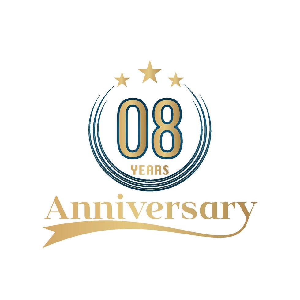 08 Year Anniversary Vector Template Design Illustration. Gold And Blue color design with ribbon