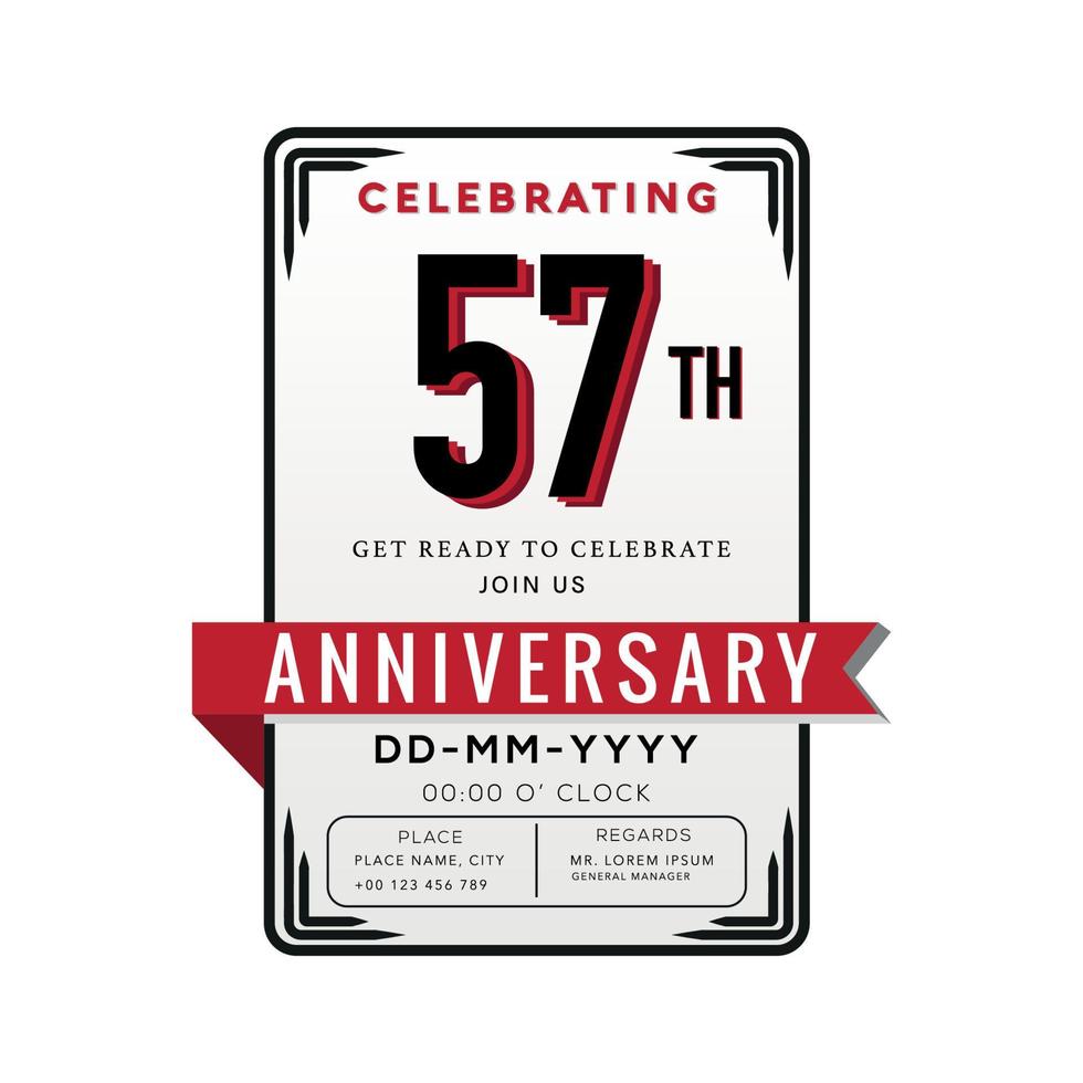 57 Years Anniversary Logo Celebration and Invitation Card with red ribbon Isolated on white Background vector