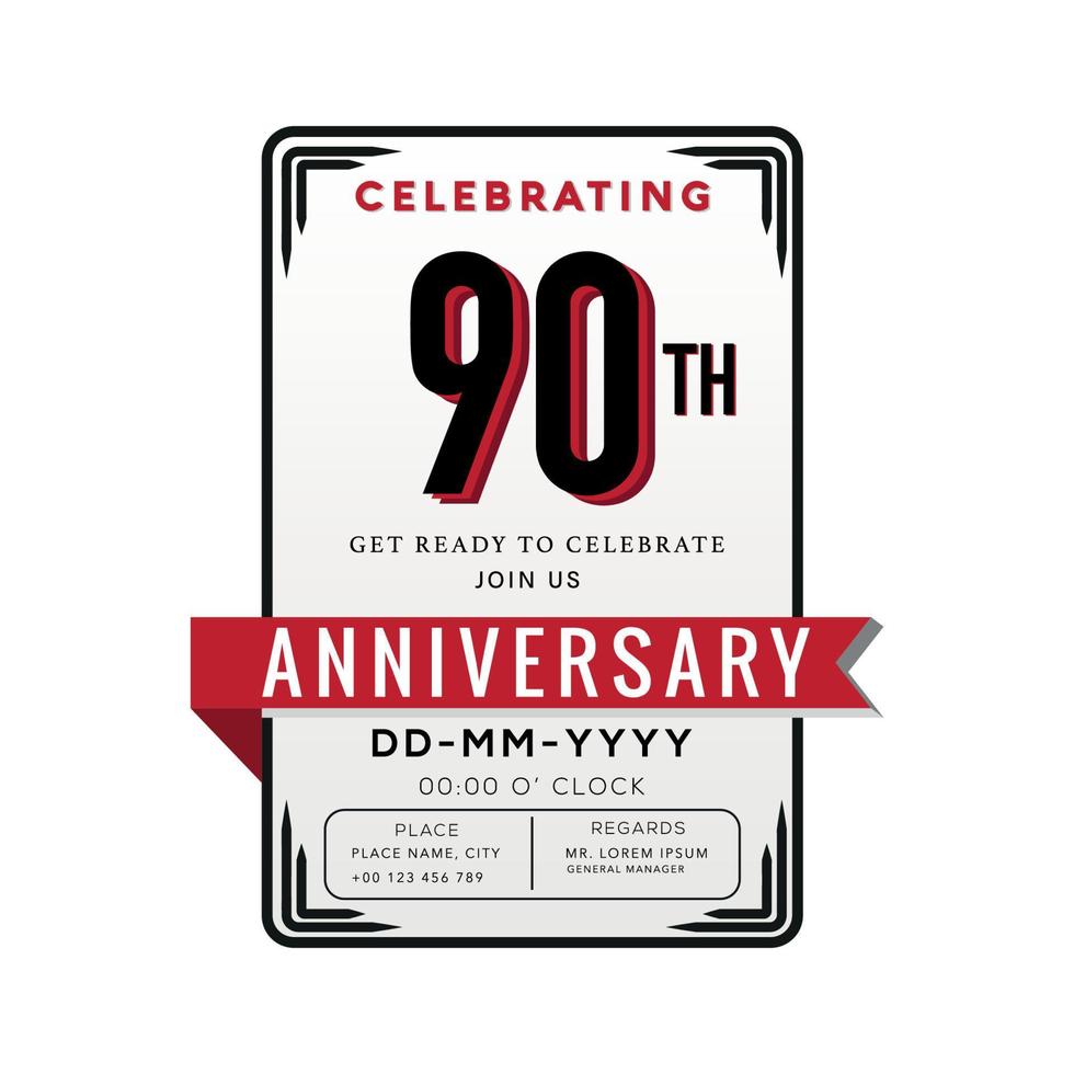 90 Years Anniversary Logo Celebration and Invitation Card with red ribbon Isolated on white Background vector