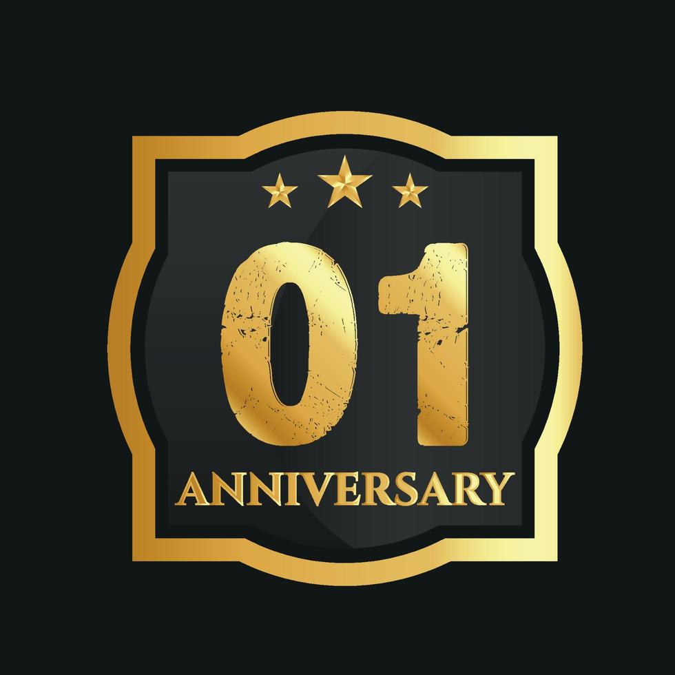 Celebrating 01st years anniversary with golden border and stars on dark background, vector design.