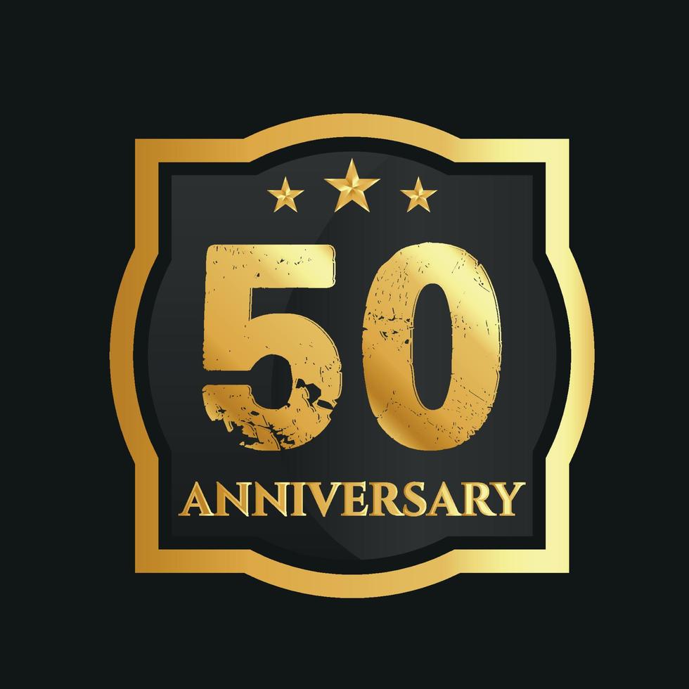 Celebrating 50th years anniversary with golden border and stars on dark background, vector design.