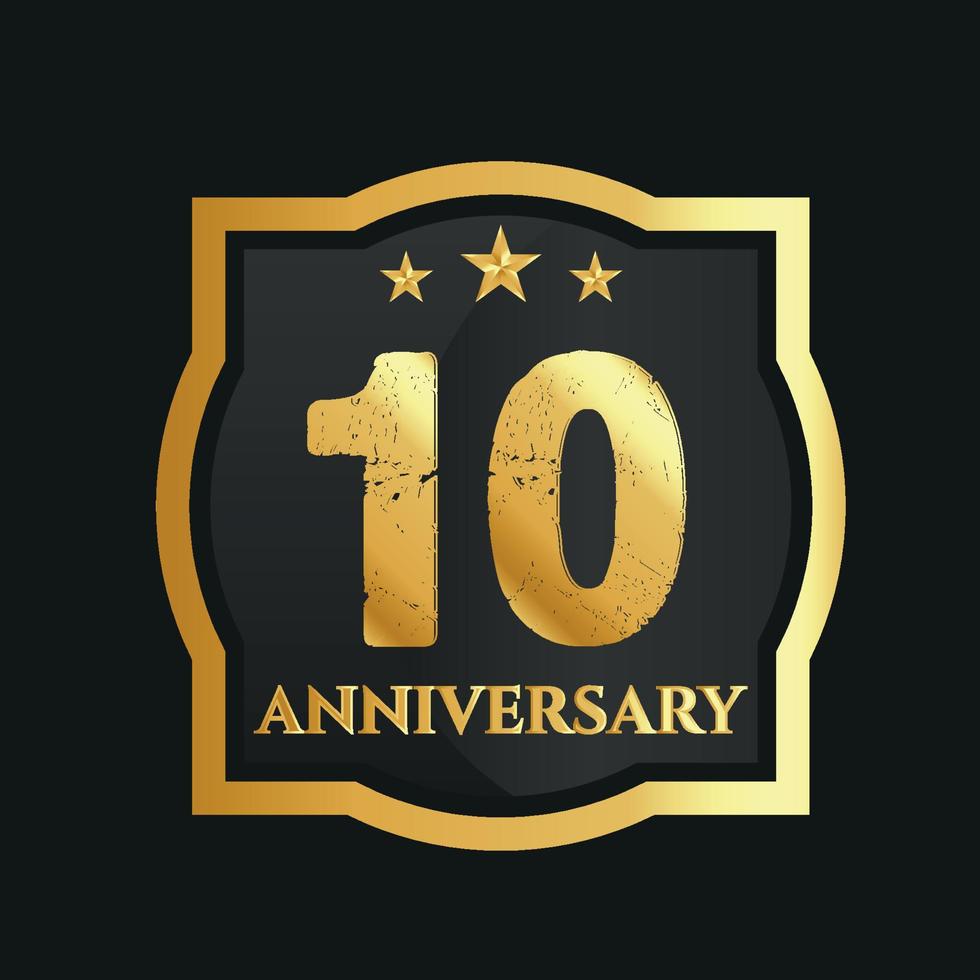 Celebrating 10th years anniversary with golden border and stars on dark background, vector design.