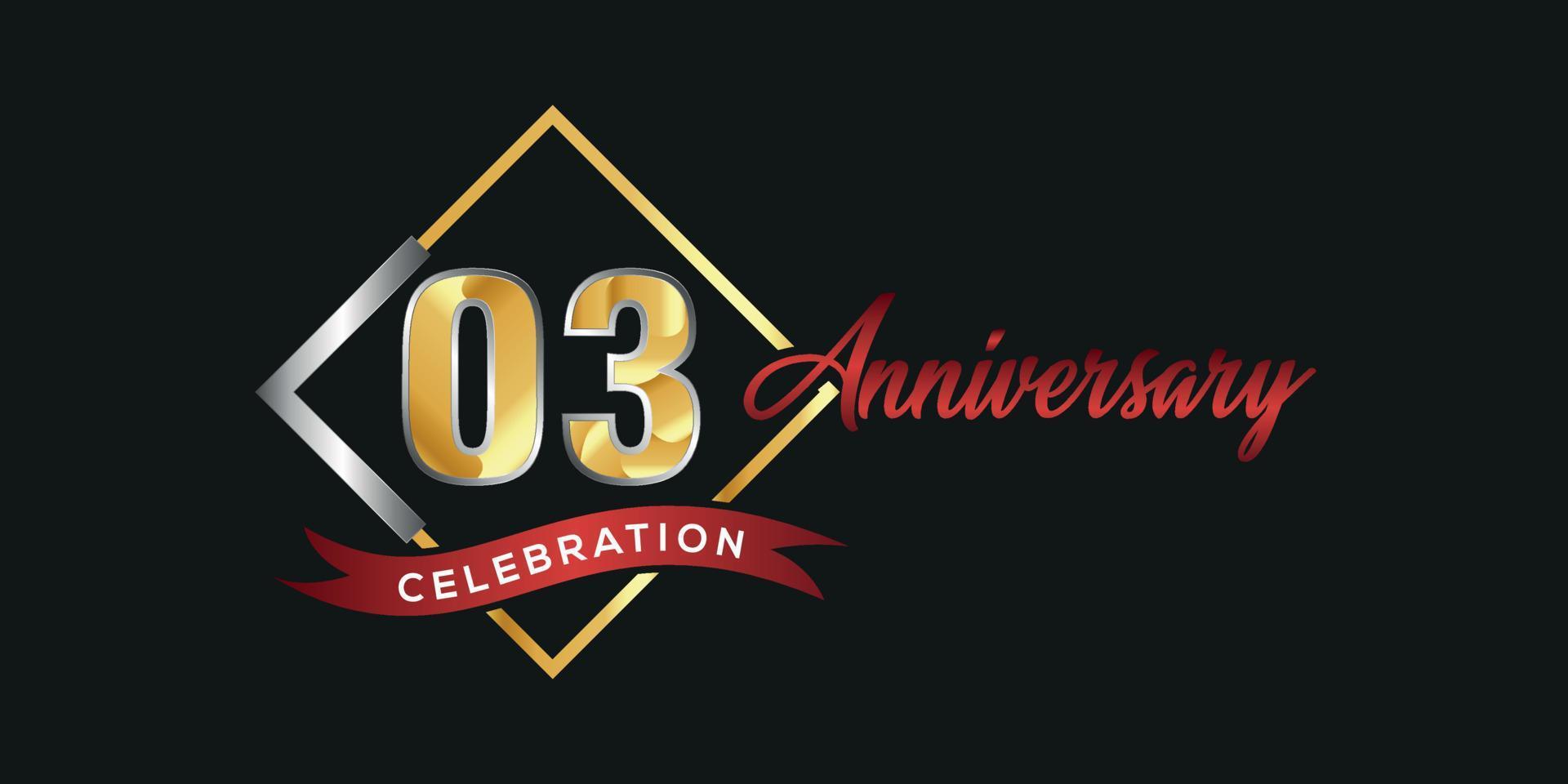 03rd anniversary logo with golden and silver box, confetti and red ribbon isolated on elegant black background, vector design for greeting card and invitation card