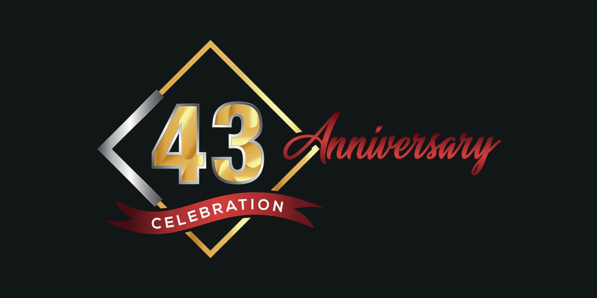 43rd  anniversary logo with golden and silver box, confetti and red ribbon isolated on elegant black background, vector design for greeting card and invitation card