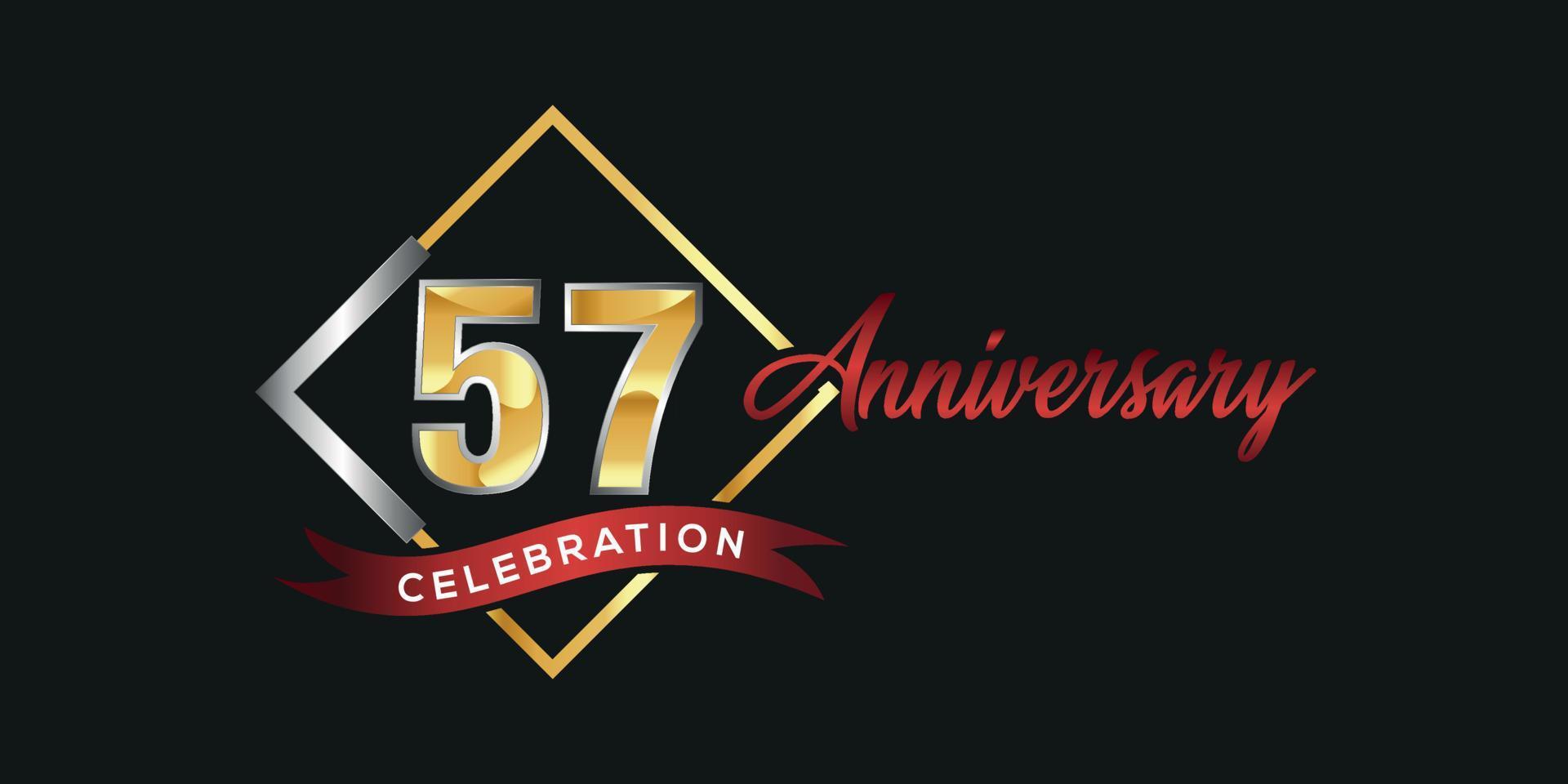 57th anniversary logo with golden and silver box, confetti and red ribbon isolated on elegant black background, vector design for greeting card and invitation card