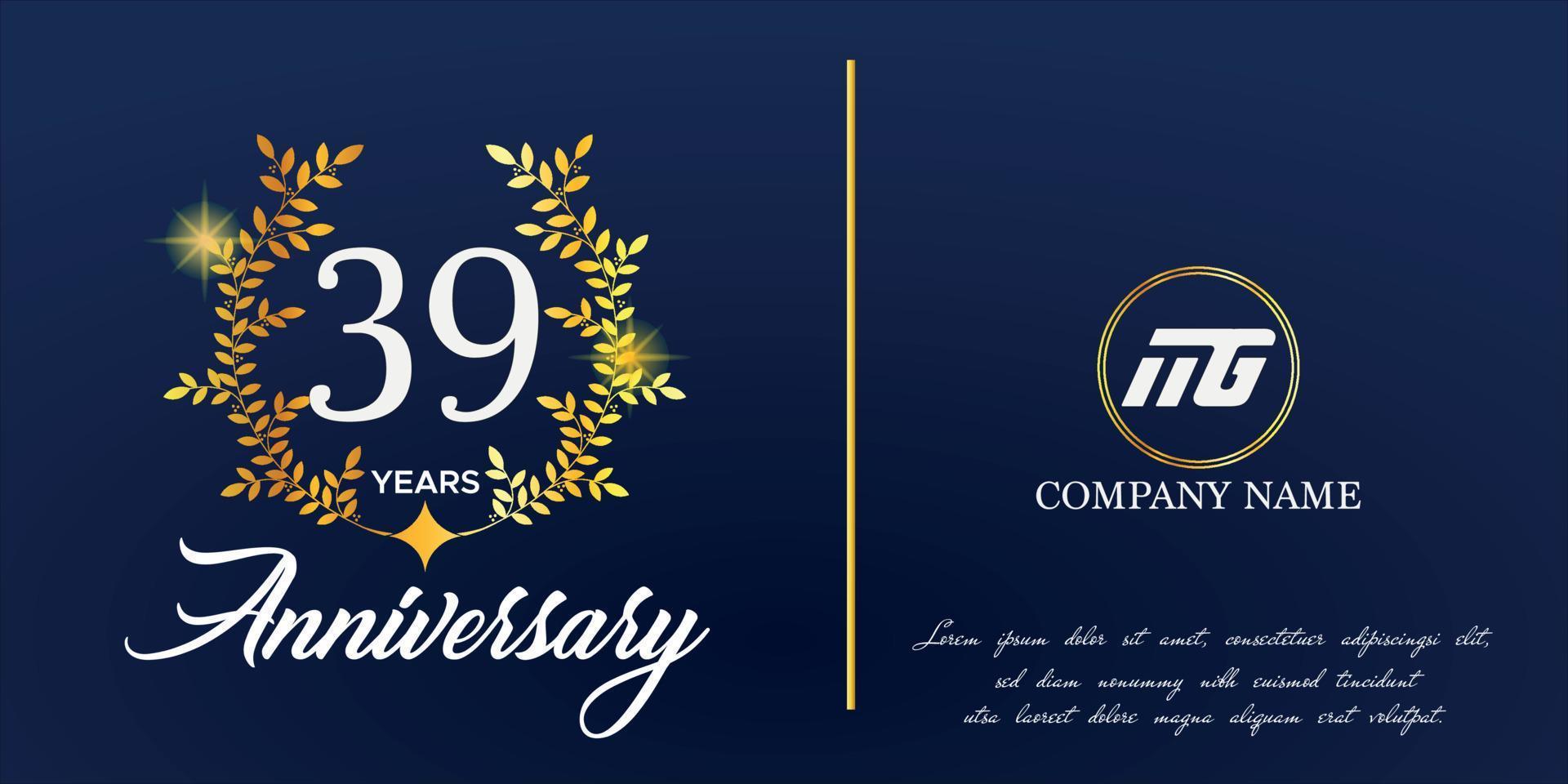 39th anniversary logo with elegant ornament monogram and logo name template on elegant blue background, sparkle, vector design for greeting card.