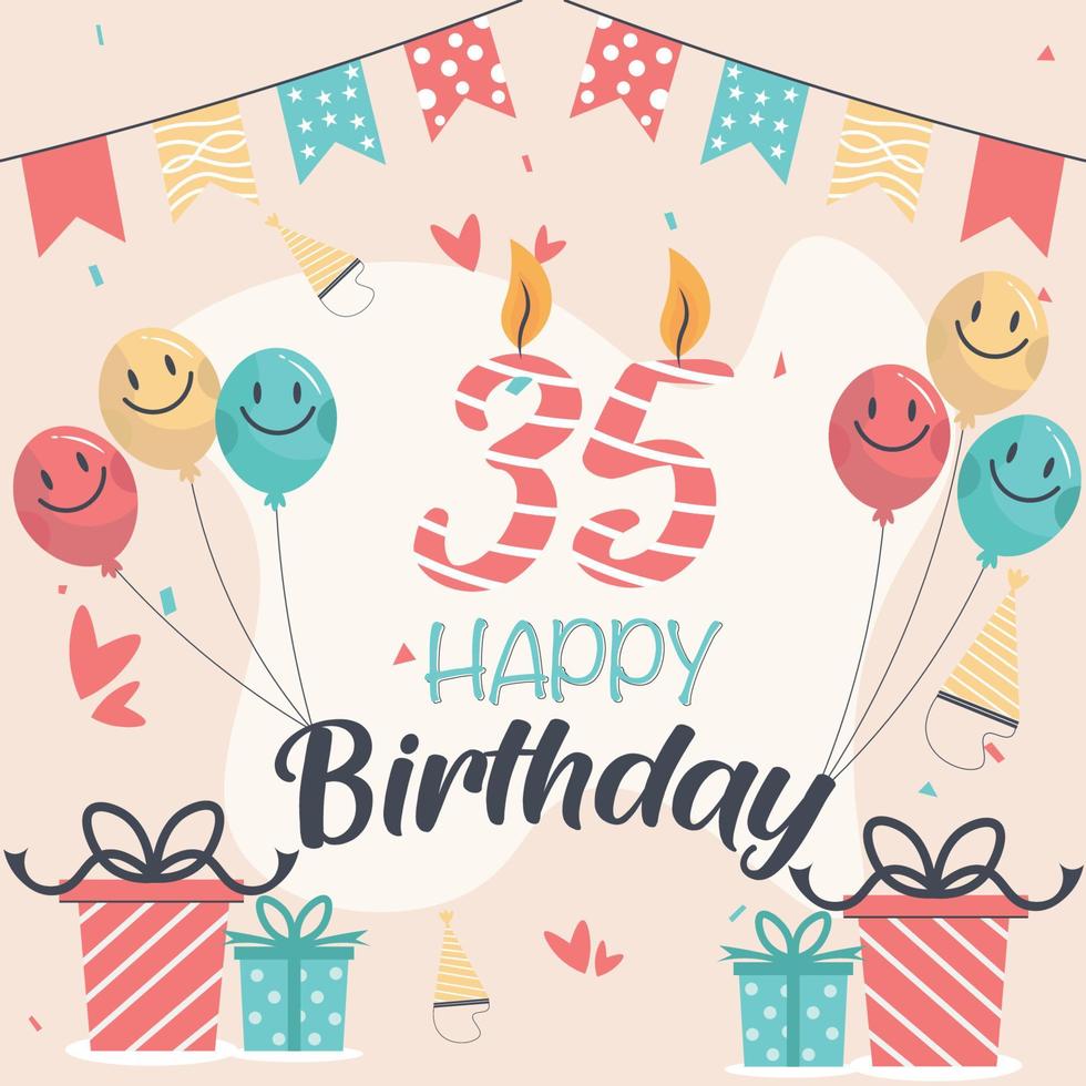 35th happy birthday vector design for greeting cards and poster with balloon and gift box design.