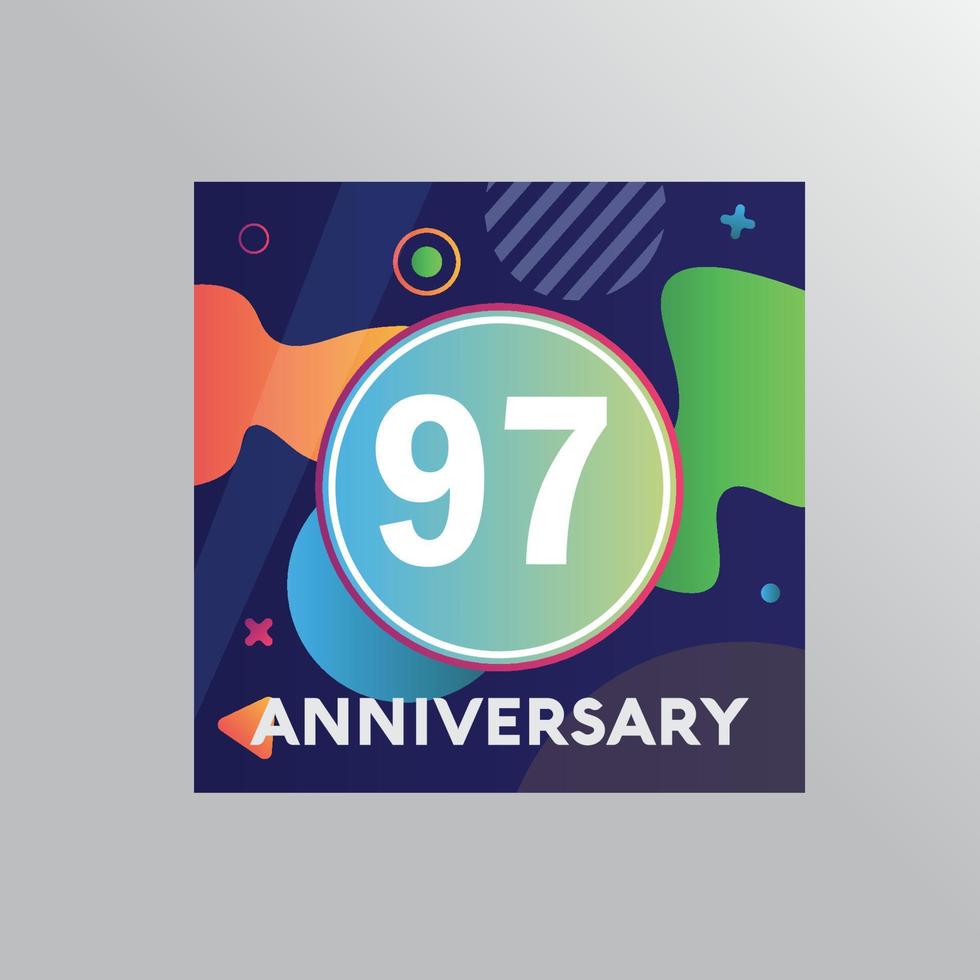Logotipo de aniversario de 97 años, celebración de cumpleaños de diseño vectorial con fondo colorido y forma abstracta. vector