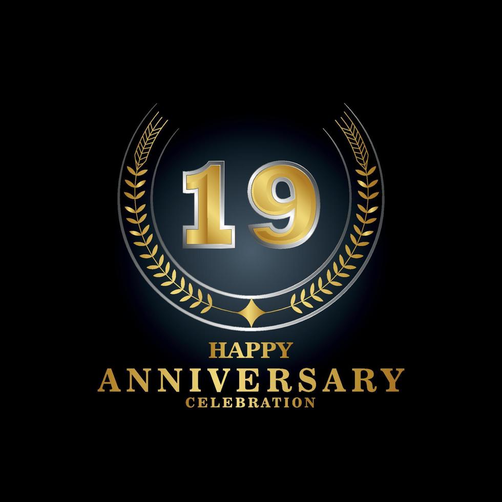 Template emblem 19th years old luxurious anniversary with a frame in the form of laurel branches and the number . anniversary royal logo. Vector illustration Design