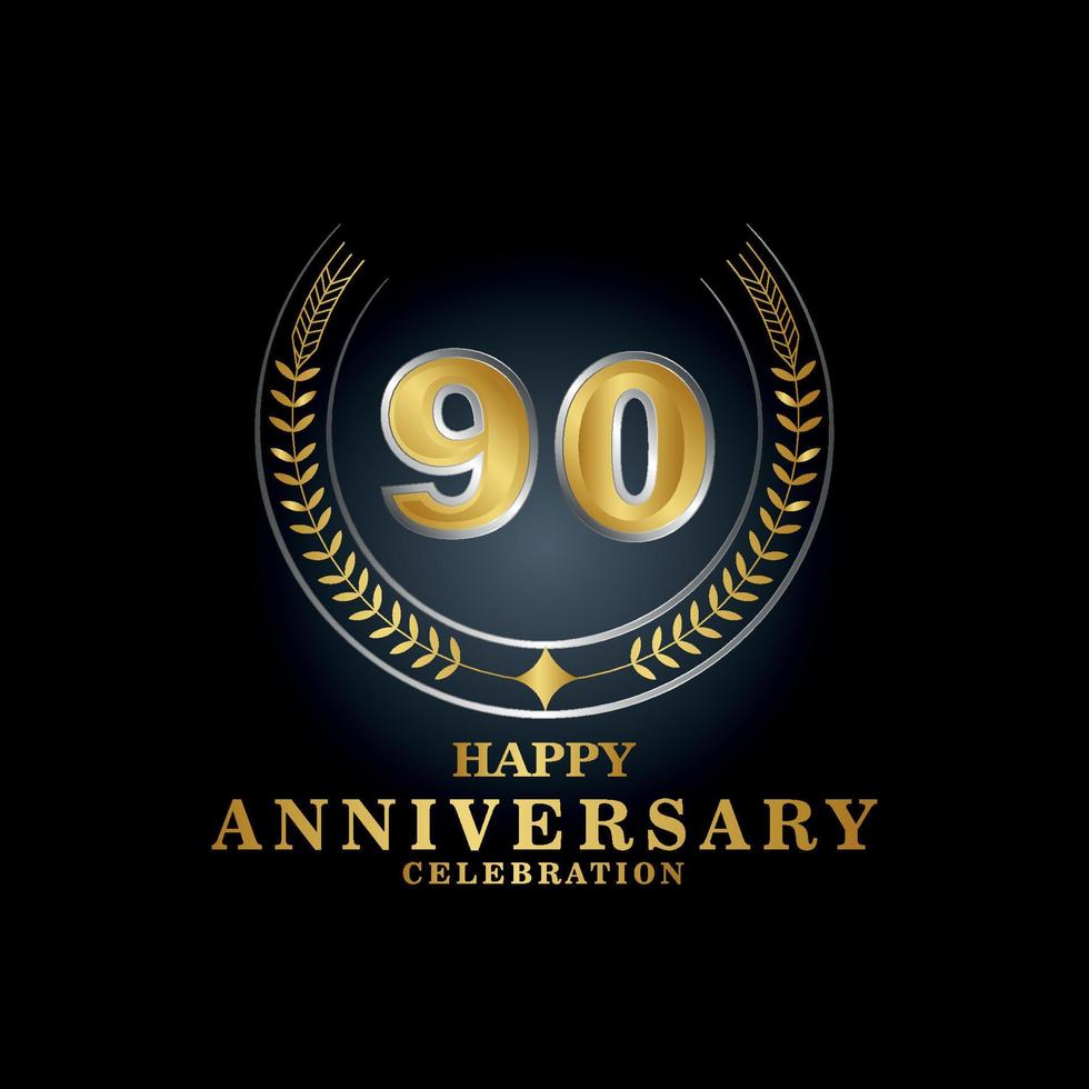 Template emblem 90th years old luxurious anniversary with a frame in the form of laurel branches and the number . anniversary royal logo. Vector illustration Design