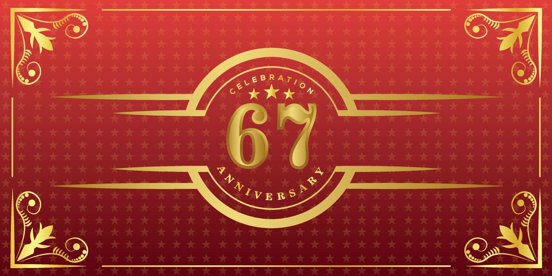 Logotipo del 67.º aniversario con anillo dorado, confeti y borde dorado aislado en un elegante fondo rojo, brillo, diseño vectorial para tarjetas de felicitación y tarjetas de invitación vector