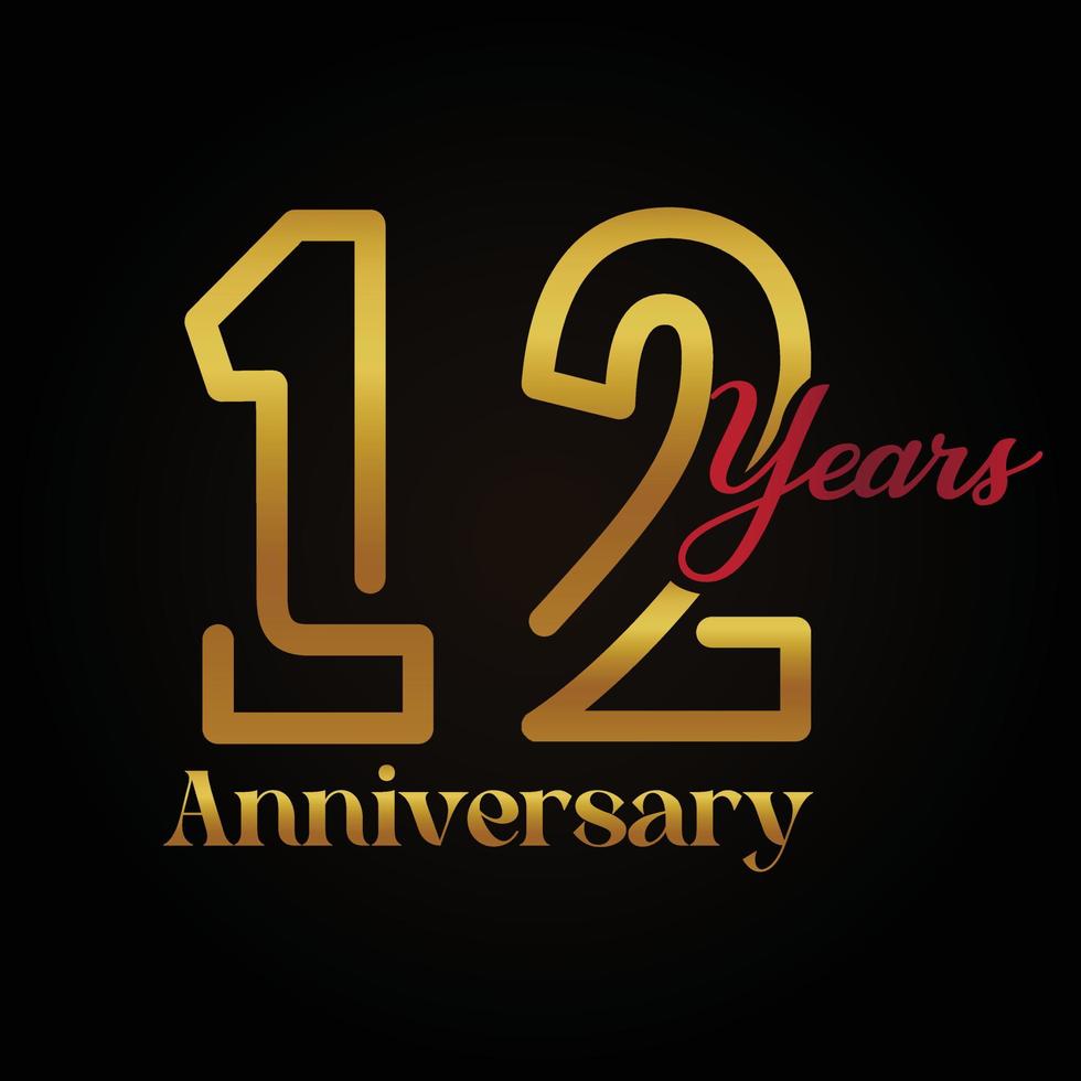 Logotipo de celebración del 12º aniversario con diseño elegante de color dorado y rojo escrito a mano. aniversario vectorial para celebración, tarjeta de invitación y tarjeta de felicitación. vector