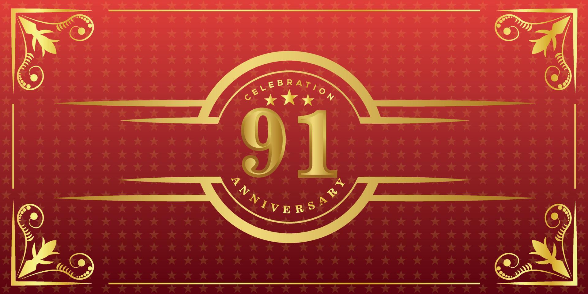 91st anniversary logo with golden ring, confetti and gold border isolated on elegant red background, sparkle, vector design for greeting card and invitation card