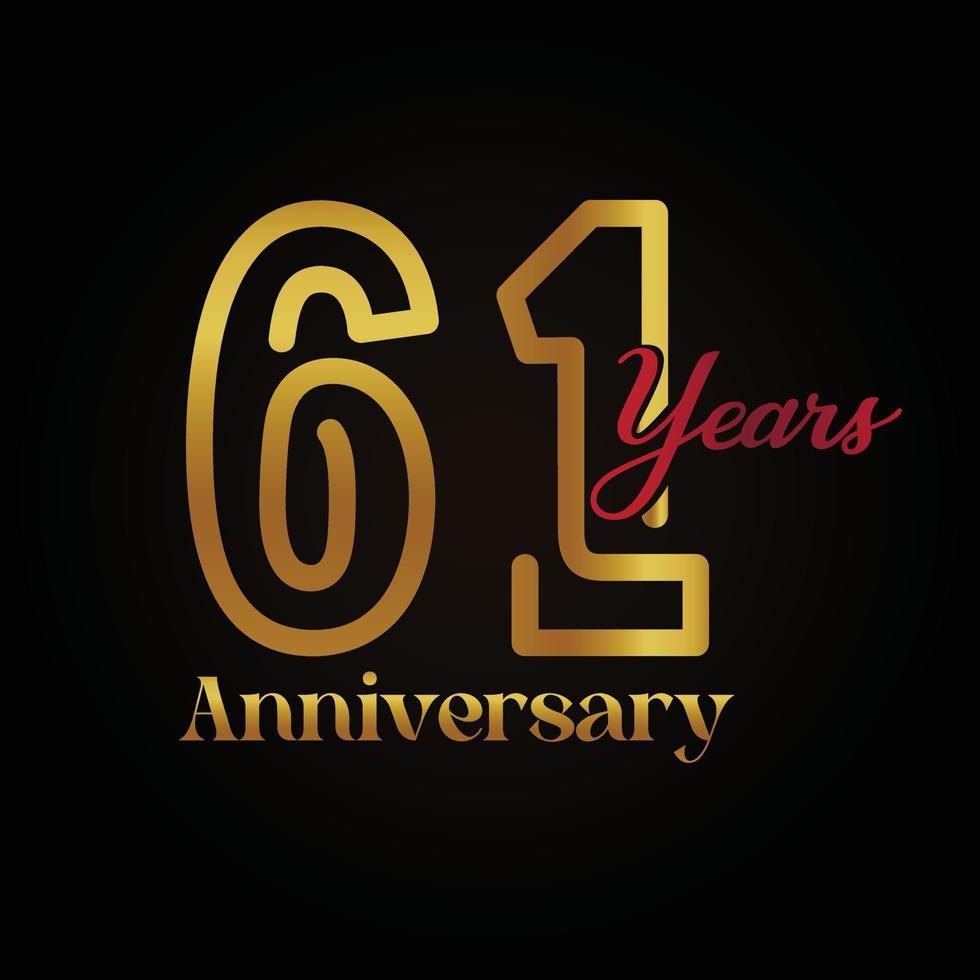 Logotipo de celebración del 61 aniversario con diseño elegante en color dorado y rojo. aniversario vectorial para celebración, tarjeta de invitación y tarjeta de felicitación. vector