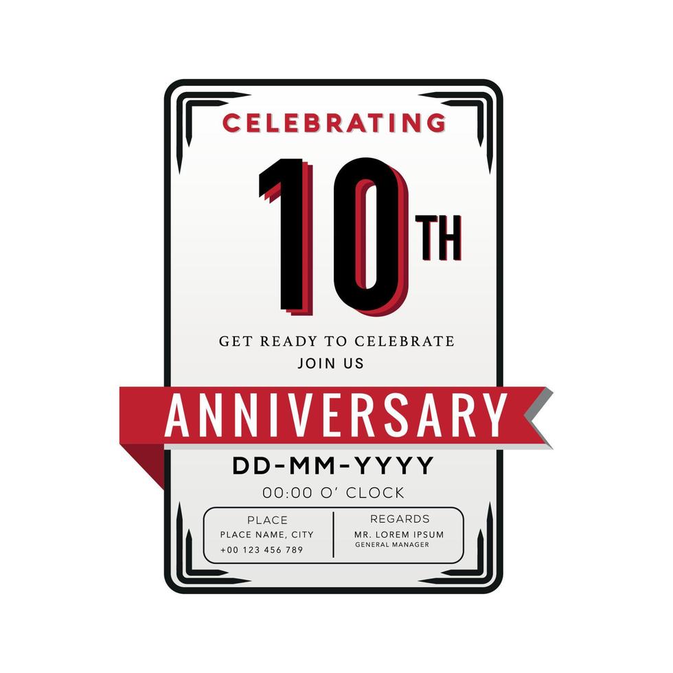 Celebración del logotipo del aniversario de 10 años y tarjeta de invitación con cinta roja aislada en fondo blanco vector
