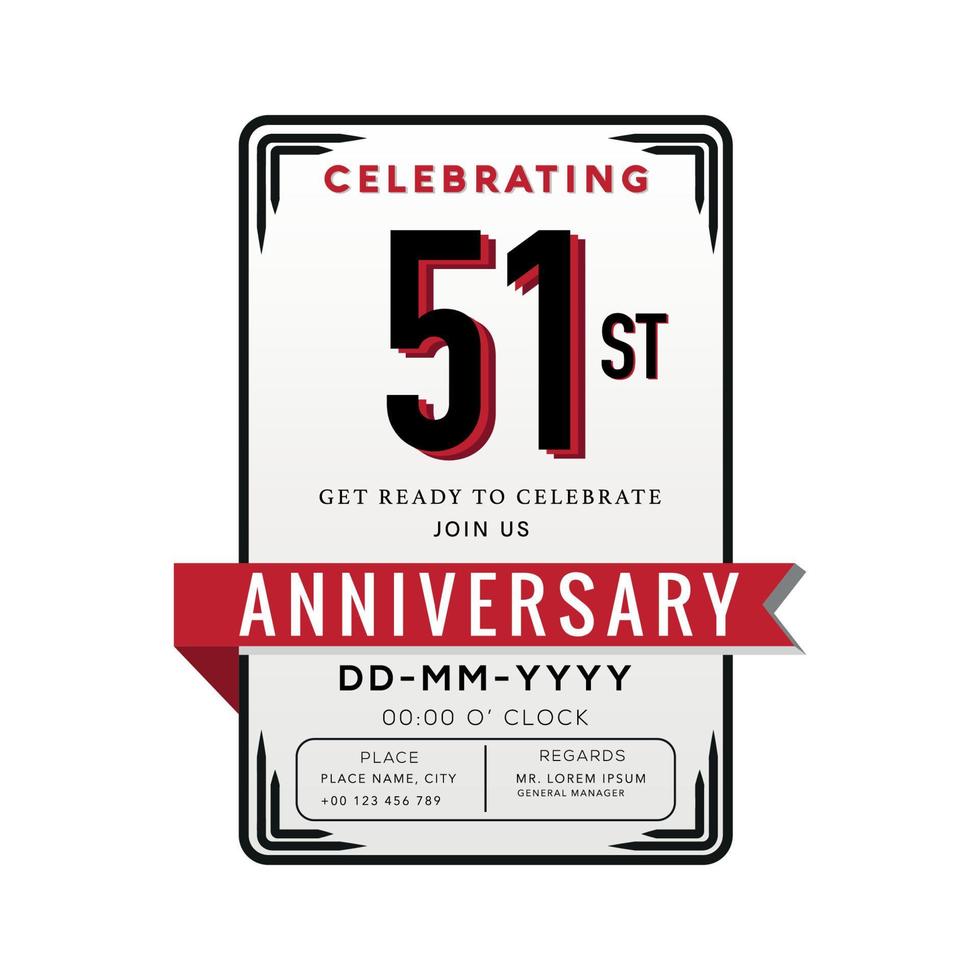 51 Years Anniversary Logo Celebration and Invitation Card with red ribbon Isolated on white Background vector