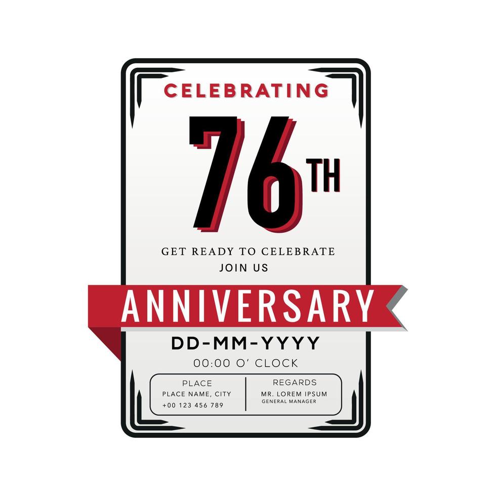 76 Years Anniversary Logo Celebration and Invitation Card with red ribbon Isolated on white Background vector