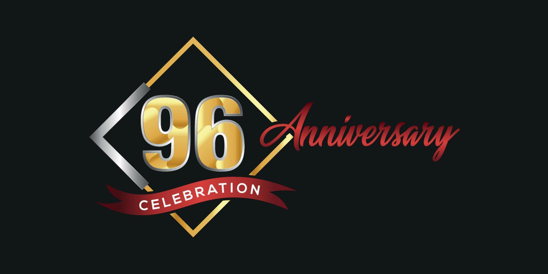 Logotipo del 96º aniversario con caja dorada y plateada, confeti y cinta roja aislada en un elegante fondo negro, diseño vectorial para tarjetas de felicitación y tarjetas de invitación vector