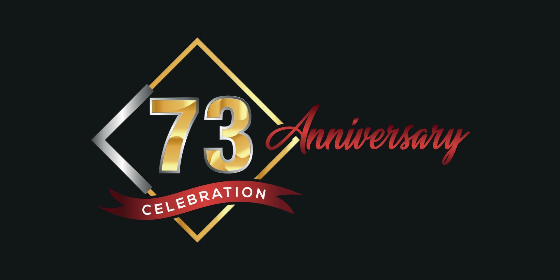 Logotipo del 73.º aniversario con caja dorada y plateada, confeti y cinta roja aislada en un elegante fondo negro, diseño vectorial para tarjetas de felicitación y tarjetas de invitación vector