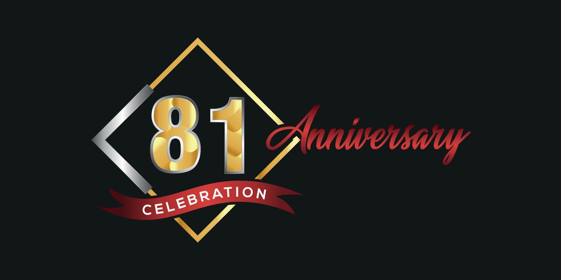 81st anniversary logo with golden and silver box, confetti and red ribbon isolated on elegant black background, vector design for greeting card and invitation card