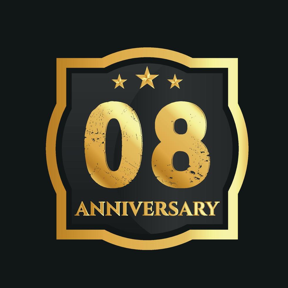 Celebrating 08th years anniversary with golden border and stars on dark background, vector design.