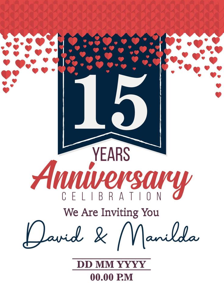 Celebración del logotipo del aniversario de 15 años con amor por el evento de celebración, cumpleaños, boda, tarjeta de felicitación e invitación vector