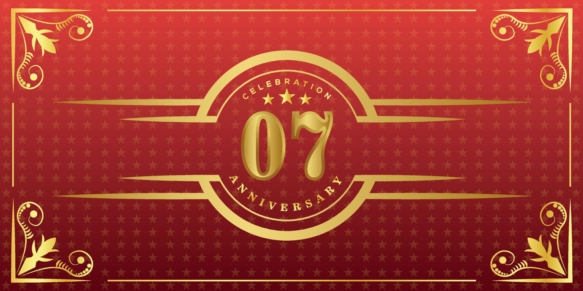 07th anniversary logo with golden ring, confetti and gold border isolated on elegant red background, sparkle, vector design for greeting card and invitation card